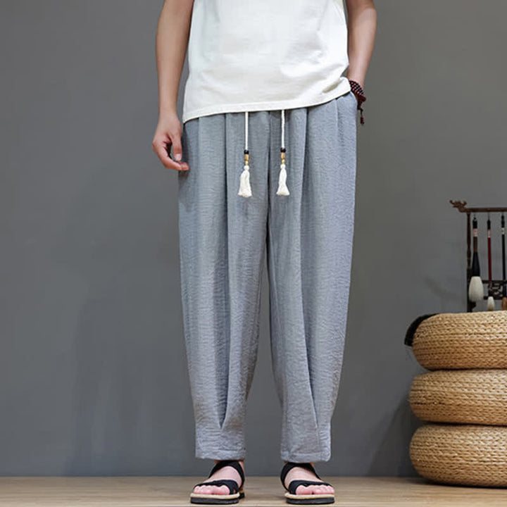 Buddha Stones Letnie, minimalistyczne, męskie, zwężane spodnie z elastyczną talią i kieszeniami - image 11