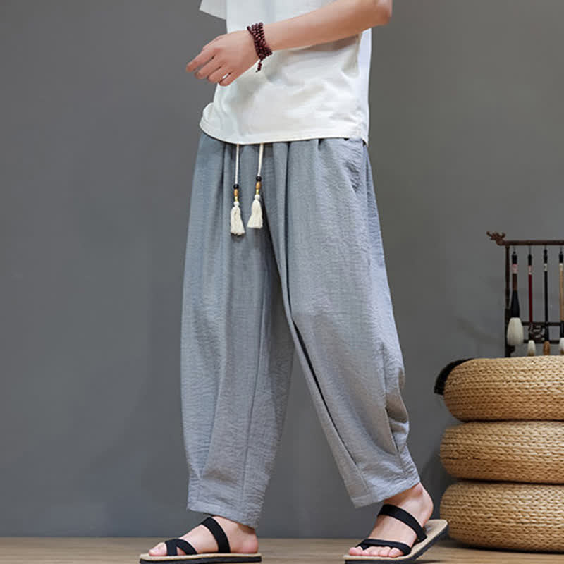 Buddha Stones Letnie, minimalistyczne, męskie, zwężane spodnie z elastyczną talią i kieszeniami - image 14