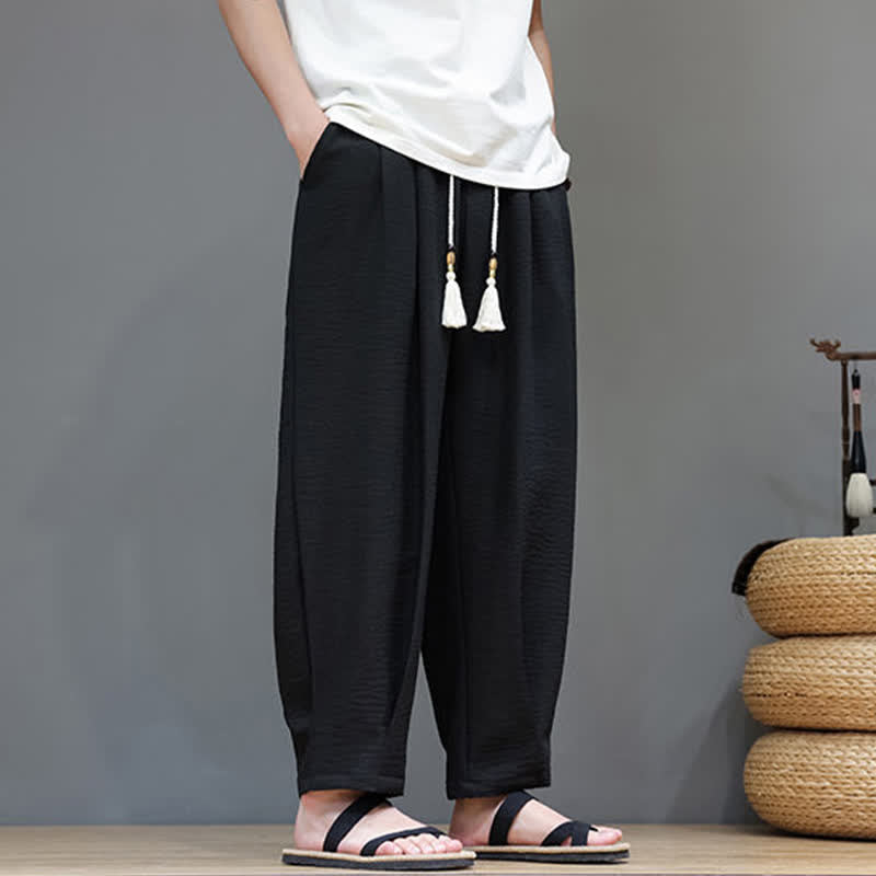 Buddha Stones Letnie, minimalistyczne, męskie, zwężane spodnie z elastyczną talią i kieszeniami - image 27