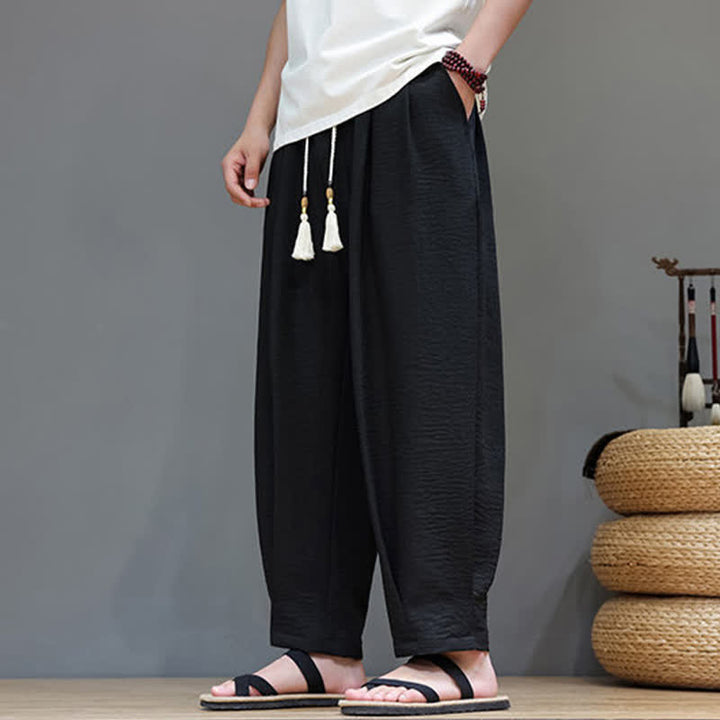 Buddha Stones Letnie, minimalistyczne, męskie, zwężane spodnie z elastyczną talią i kieszeniami - image 21