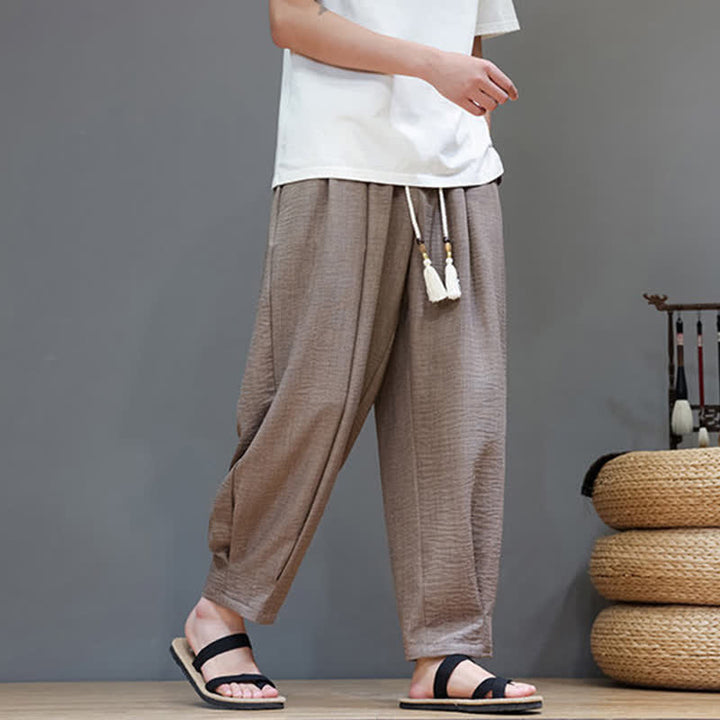 Buddha Stones Letnie, minimalistyczne, męskie, zwężane spodnie z elastyczną talią i kieszeniami - image 35