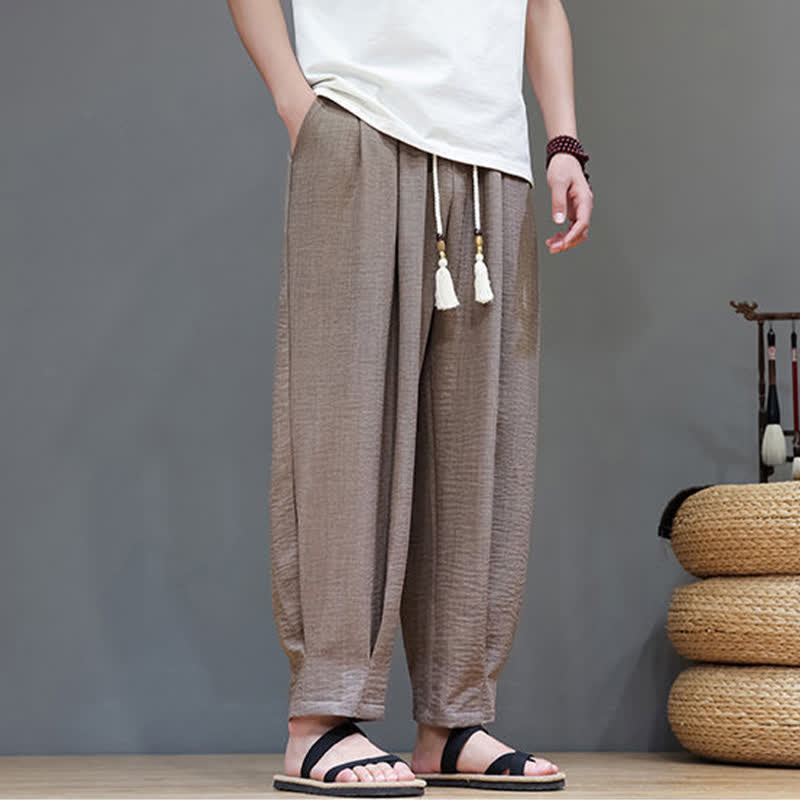 Buddha Stones Letnie, minimalistyczne, męskie, zwężane spodnie z elastyczną talią i kieszeniami - image 30