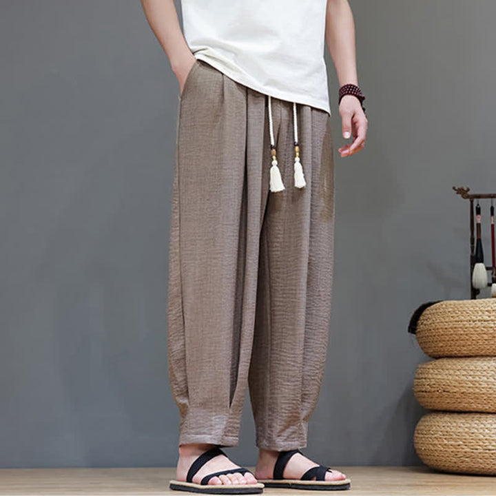Buddha Stones Letnie, minimalistyczne, męskie, zwężane spodnie z elastyczną talią i kieszeniami - image 30