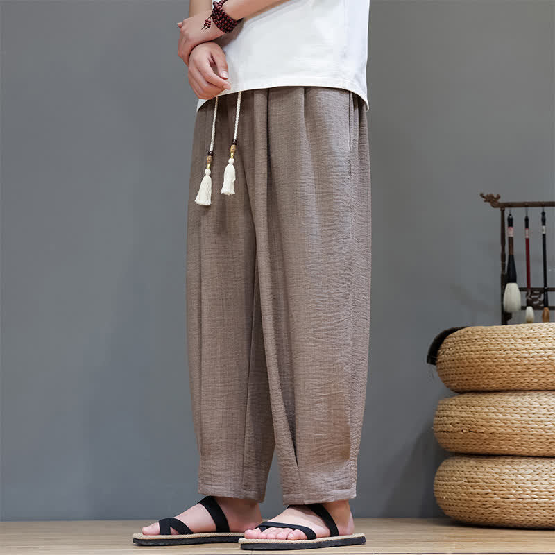 Buddha Stones Letnie, minimalistyczne, męskie, zwężane spodnie z elastyczną talią i kieszeniami - image 32