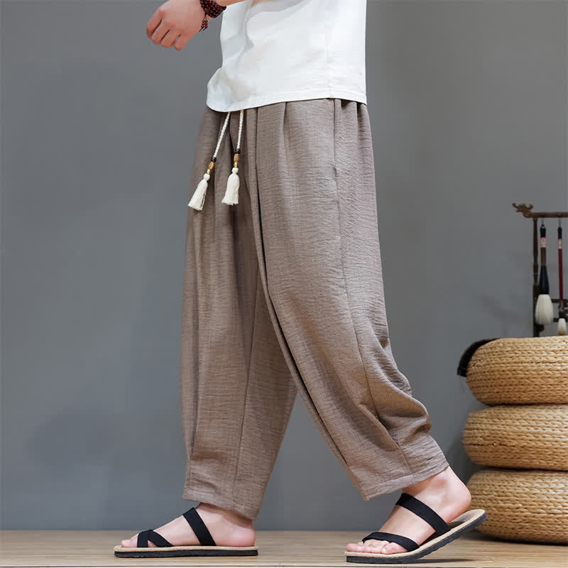 Buddha Stones Letnie, minimalistyczne, męskie, zwężane spodnie z elastyczną talią i kieszeniami - image 36