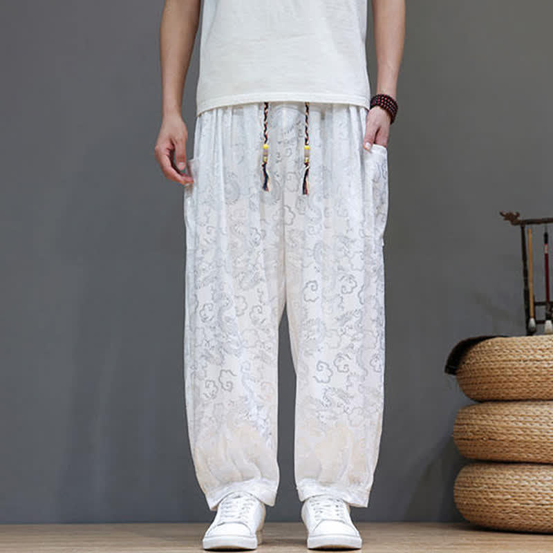 Buddha Stones Letnie spodnie haremowe męskie ze ściągaczem i wzorem w chmury, z elastyczną talią i kieszeniami - Biały Dym - US/UK/AU46， EU56 (5XL) - image 18