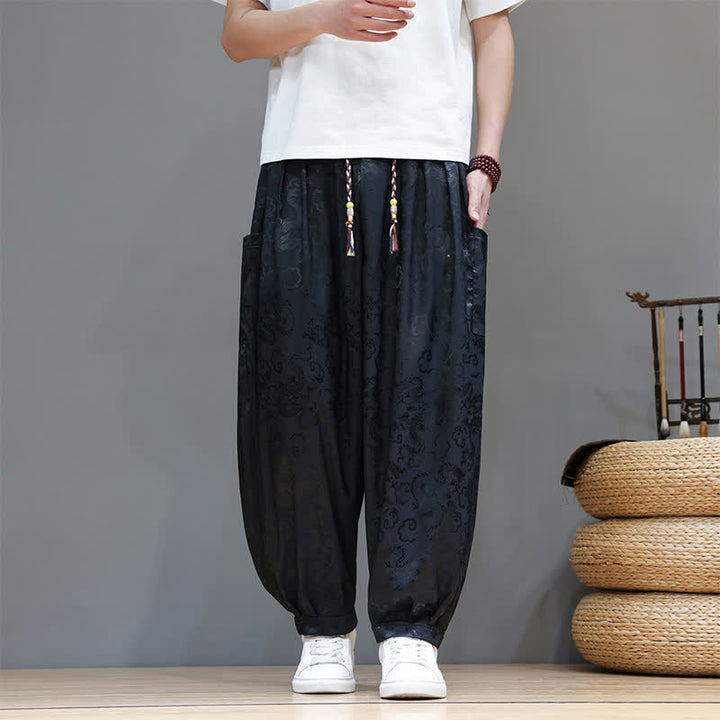 Buddha Stones Letnie spodnie haremowe męskie ze ściągaczem i wzorem w chmury, z elastyczną talią i kieszeniami - Czarny - US/UK/AU46， EU56 (5XL) - image 0