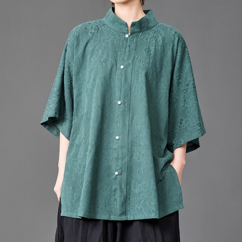 Buddha Stones Letnie, minimalistyczne koszule męskie z kołnierzykiem typu stójka, zapinane na guziki i z rękawami trzy czwarte - CadetBlue - US/UK/AU46， EU56 (5XL) - image 6