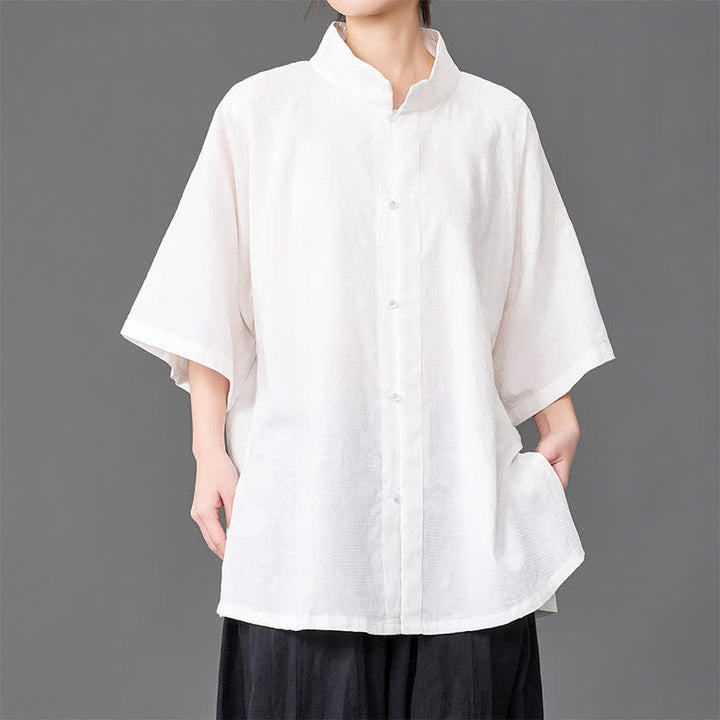 Buddha Stones Letnie, minimalistyczne koszule męskie z kołnierzykiem typu stójka, zapinane na guziki i z rękawami trzy czwarte - Biały - US/UK/AU46， EU56 (5XL) - image 11
