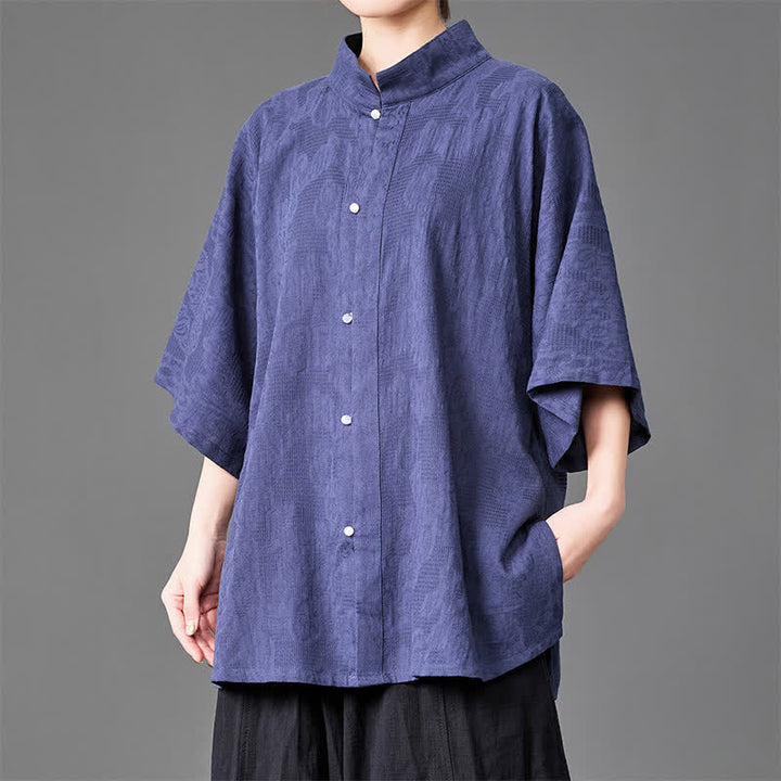 Buddha Stones Letnie, minimalistyczne koszule męskie z kołnierzykiem typu stójka, zapinane na guziki i z rękawami trzy czwarte - Indygo - US/UK/AU46， EU56 (5XL) - image 0