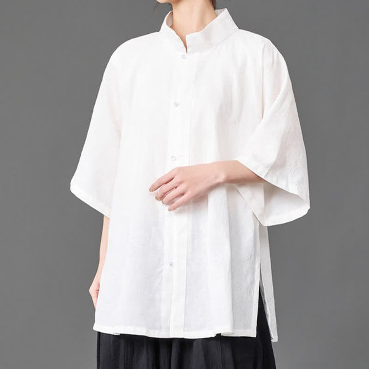Buddha Stones Letnie, minimalistyczne koszule męskie z kołnierzykiem typu stójka, zapinane na guziki i z rękawami trzy czwarte - image 16