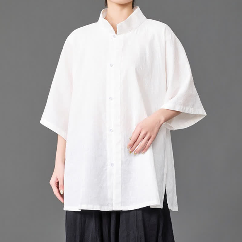 Buddha Stones Letnie, minimalistyczne koszule męskie z kołnierzykiem typu stójka, zapinane na guziki i z rękawami trzy czwarte - image 14