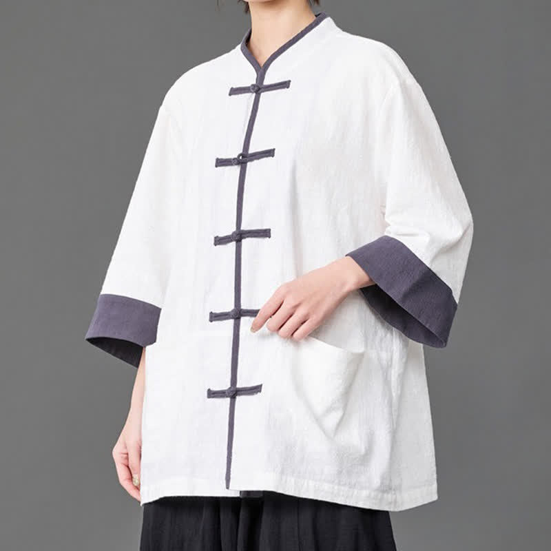 Buddha Stones Koszule męskie w stylu Summer Tang z kołnierzykiem mandaryńskim i guzikami typu żaba, z rękawami do łokci i kieszeniami - Biały - US/UK/AU46， EU56 (5XL) - image 10