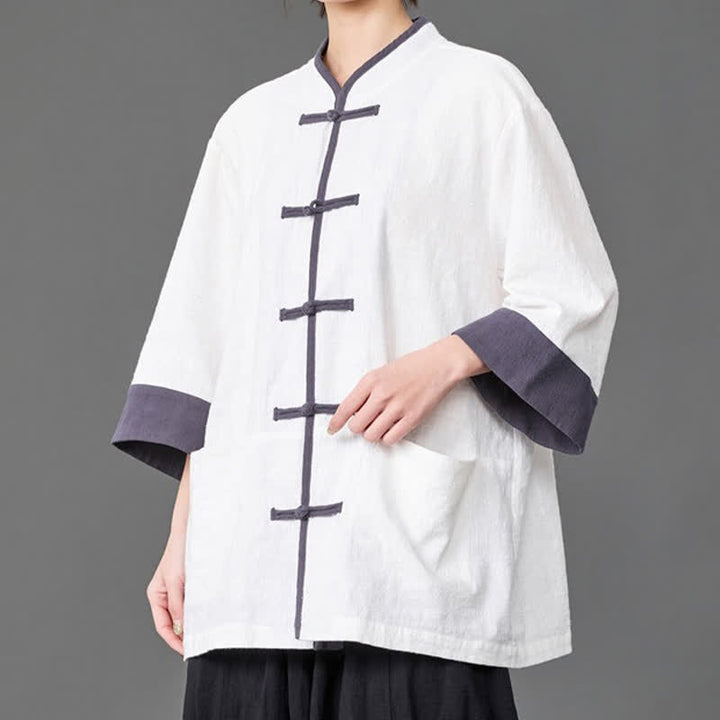 Buddha Stones Koszule męskie w stylu Summer Tang z kołnierzykiem mandaryńskim i guzikami typu żaba, z rękawami do łokci i kieszeniami - Biały - US/UK/AU46， EU56 (5XL) - image 10