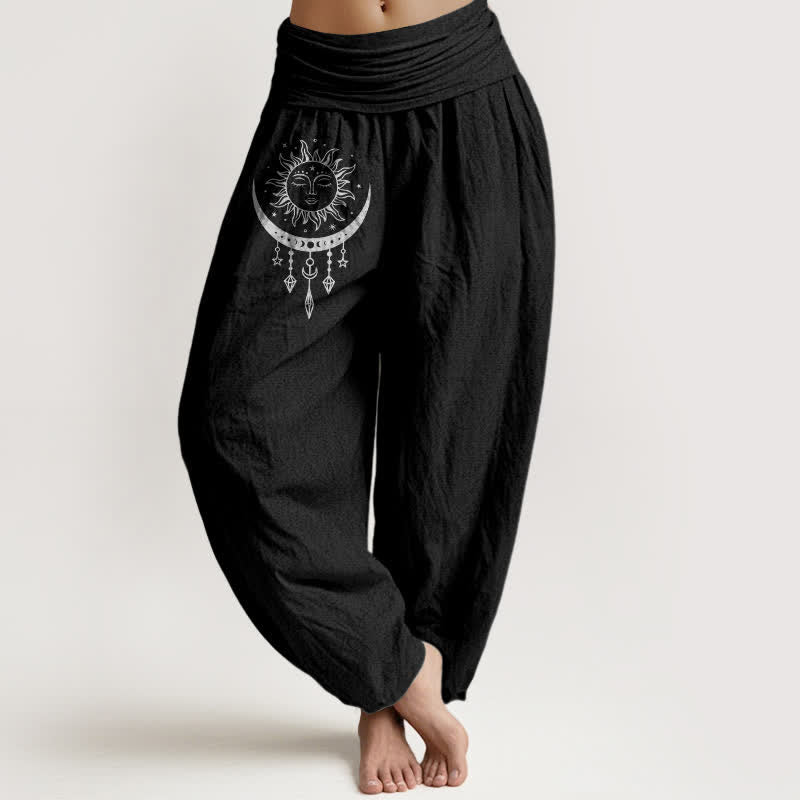 Buddha Stones Spodnie haremki damskie z elastycznej talii z motywem słońca, księżyca i gwiazd z czystej bawełny - Czarny - US16, UK/AU20, EU48 (3XL) - image 5
