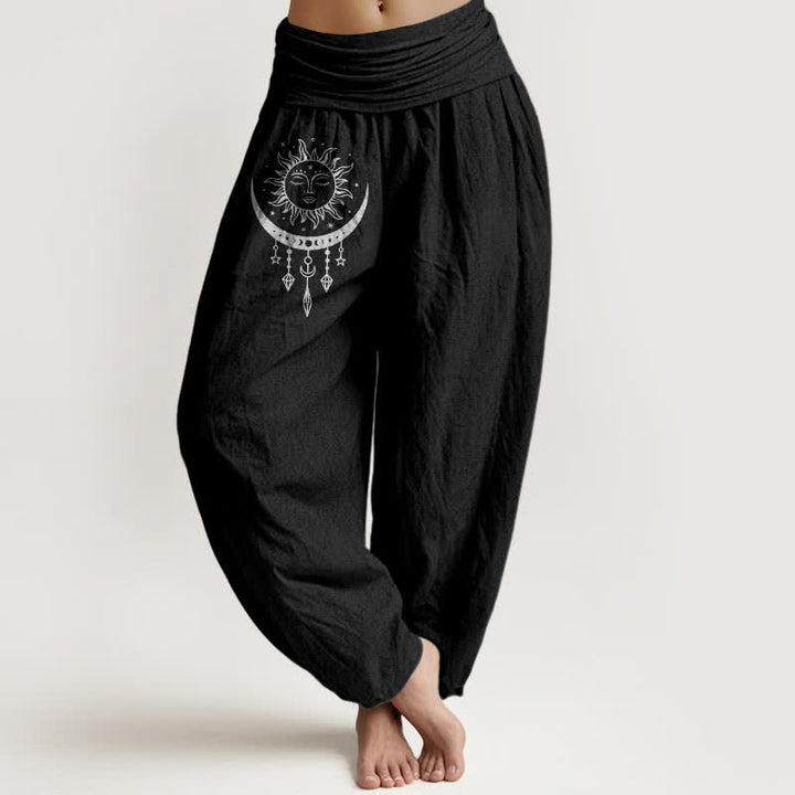 Buddha Stones Spodnie haremki damskie z elastycznej talii z motywem słońca, księżyca i gwiazd z czystej bawełny - Czarny - US16, UK/AU20, EU48 (3XL) - image 5