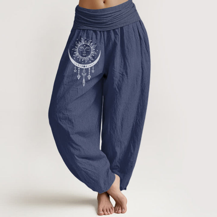 Buddha Stones Spodnie haremki damskie z elastycznej talii z motywem słońca, księżyca i gwiazd z czystej bawełny - DarkSlateBlue - US16, UK/AU20, EU48 (3XL) - image 8