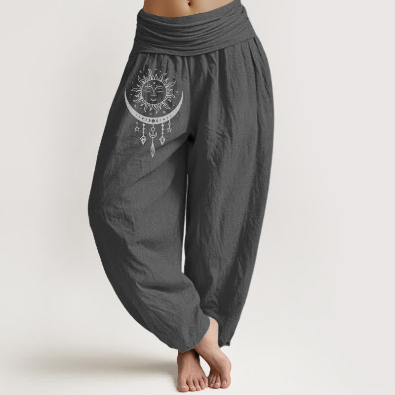 Buddha Stones Spodnie haremki damskie z elastycznej talii z motywem słońca, księżyca i gwiazd z czystej bawełny - DimGray - US16, UK/AU20, EU48 (3XL) - image 11