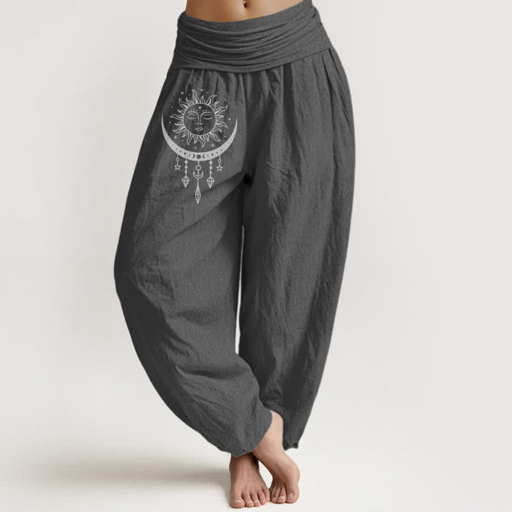 Buddha Stones Spodnie haremki damskie z elastycznej talii z motywem słońca, księżyca i gwiazd z czystej bawełny - DimGray - US16, UK/AU20, EU48 (3XL) - image 11