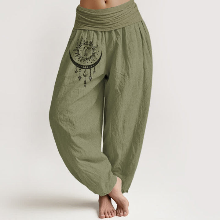Buddha Stones Spodnie haremki damskie z elastycznej talii z motywem słońca, księżyca i gwiazd z czystej bawełny - Oliwkowy - US16, UK/AU20, EU48 (3XL) - image 14