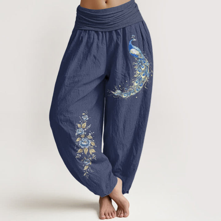 Buddha Stones Spodnie damskie typu harem z elastycznej talii z wzorem pawia w czystej bawełnie - DarkSlateBlue - US16, UK/AU20, EU48 (3XL) - image 0