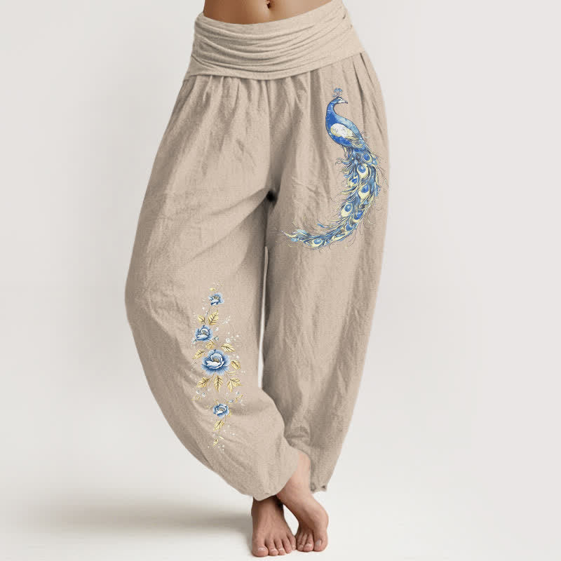 Buddha Stones Spodnie damskie typu harem z elastycznej talii z wzorem pawia w czystej bawełnie - Dębnik - US16, UK/AU20, EU48 (3XL) - image 5