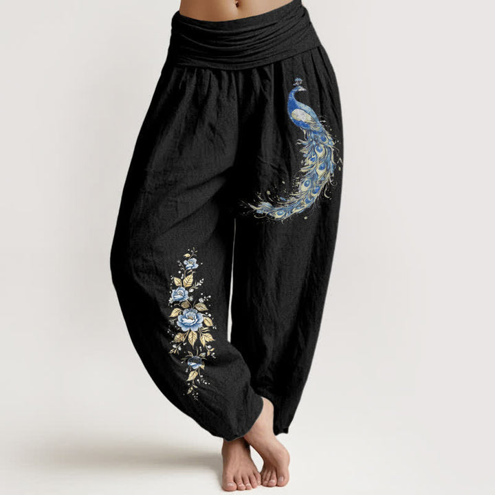 Buddha Stones Spodnie damskie typu harem z elastycznej talii z wzorem pawia w czystej bawełnie - Czarny - US16, UK/AU20, EU48 (3XL) - image 8