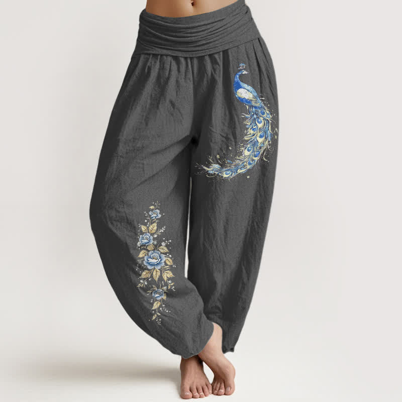 Buddha Stones Spodnie damskie typu harem z elastycznej talii z wzorem pawia w czystej bawełnie - DimGray - US16, UK/AU20, EU48 (3XL) - image 11