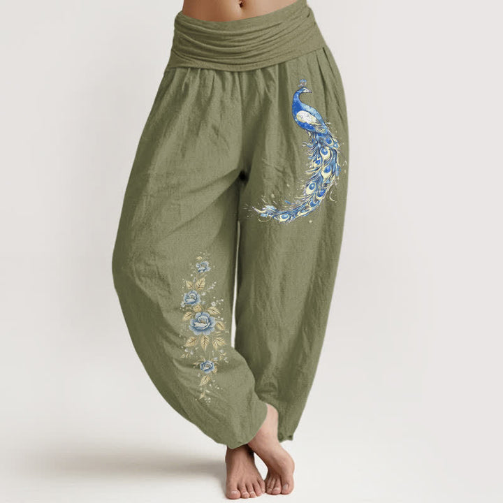 Buddha Stones Spodnie damskie typu harem z elastycznej talii z wzorem pawia w czystej bawełnie - Oliwkowy - US16, UK/AU20, EU48 (3XL) - image 14