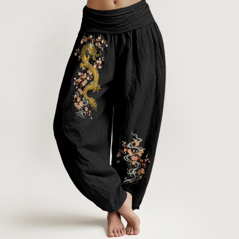 Buddha Stones Spodnie haremki damskie z elastycznej talii z czystej bawełny w złotym, różowym, kwiatowym wzorem - Czarny - US16, UK/AU20, EU48 (3XL) - image 0