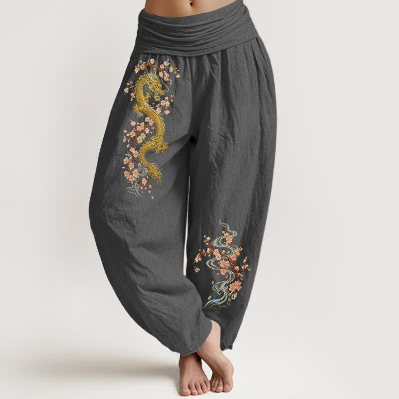 Buddha Stones Spodnie haremki damskie z elastycznej talii z czystej bawełny w złotym, różowym, kwiatowym wzorem - DimGray - US16, UK/AU20, EU48 (3XL) - image 11