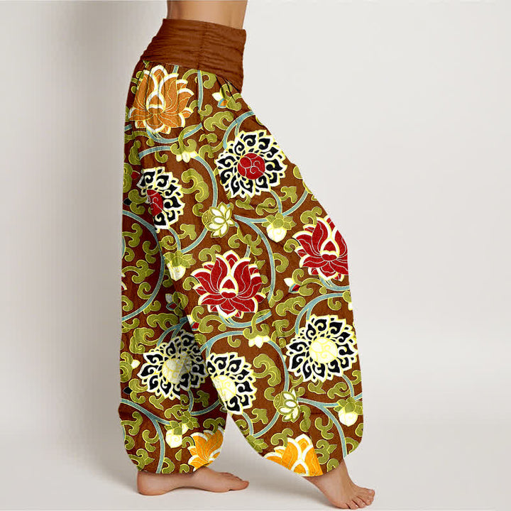 Buddha Stones Spodnie damskie haremki z elastycznej talii z czystej bawełny w stylu boho z motywem lotosu - image 7