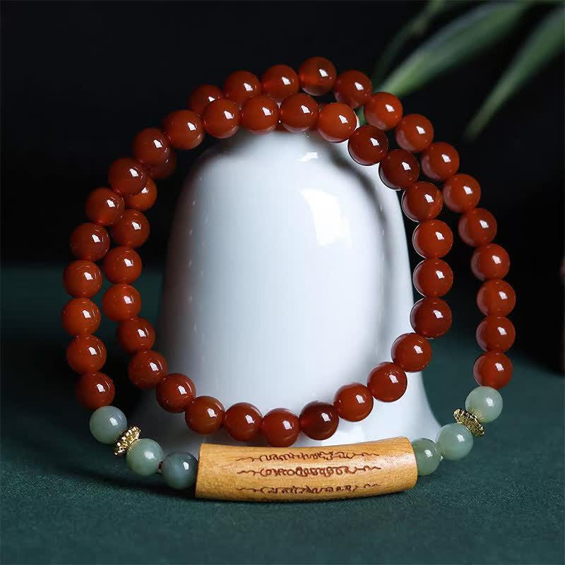 Buddha Stones Bransoletka balansująca z czerwonego agatu i zielonego awenturynu, pięć buddyjskich zasad, podwójnie owinięta - image 1