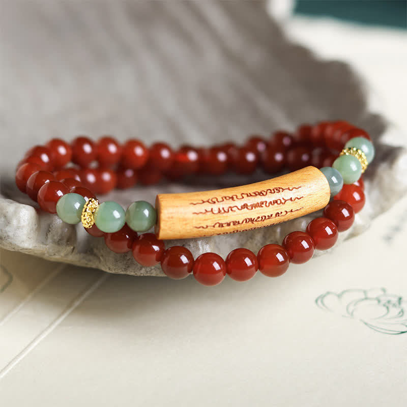 Buddha Stones Bransoletka balansująca z czerwonego agatu i zielonego awenturynu, pięć buddyjskich zasad, podwójnie owinięta - image 2