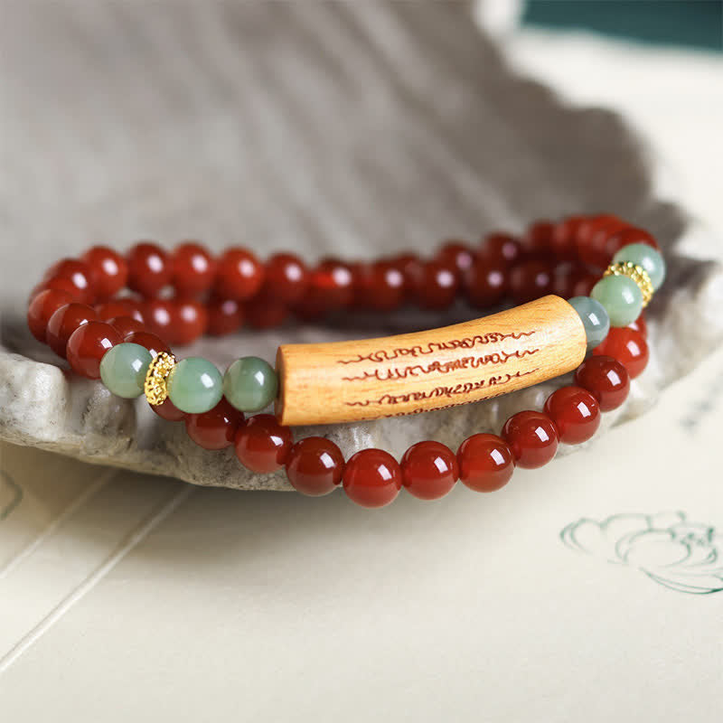 Buddha Stones Bransoletka balansująca z czerwonego agatu i zielonego awenturynu, pięć buddyjskich zasad, podwójnie owinięta - Czerwony agat, zielony awenturyn - image 0