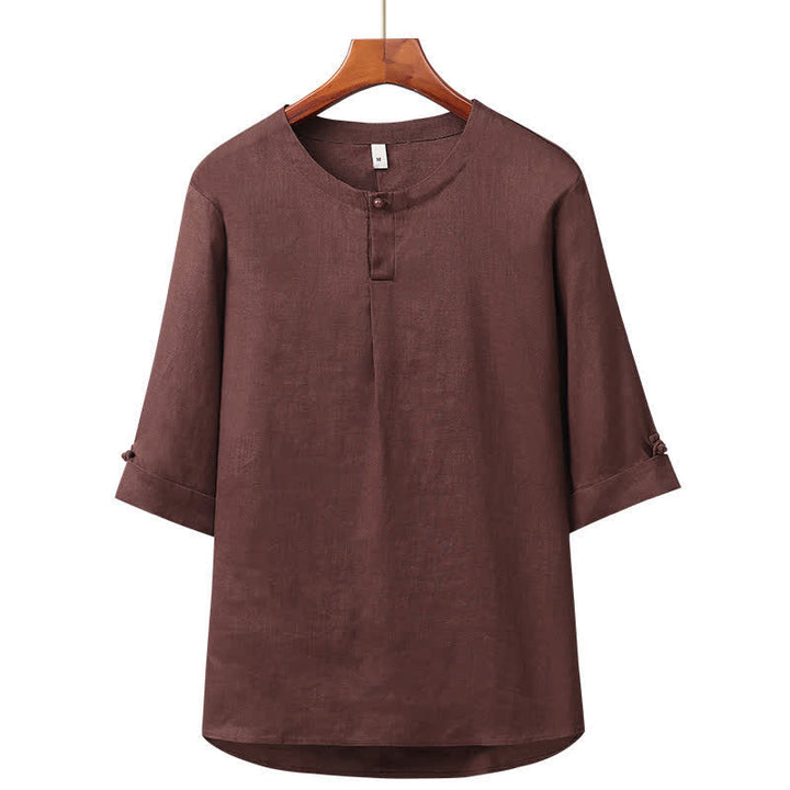 Buddha Stones Koszula męska z lnianego materiału, minimalistyczna, wiosenno-letnia, zapinana na guziki, z rękawami do łokcia - SaddleBrown - US/UK/AU42， EU52 (3XL) - image 7