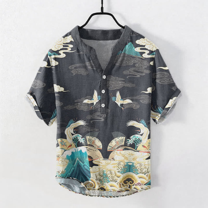 Buddha Stones Koszula męska z krótkim rękawem i półguzikiem, z nadrukiem „Cran Wave Cloud Pattern” - DimGray - US/UK/AU50, EU60 (5XL) - image 0