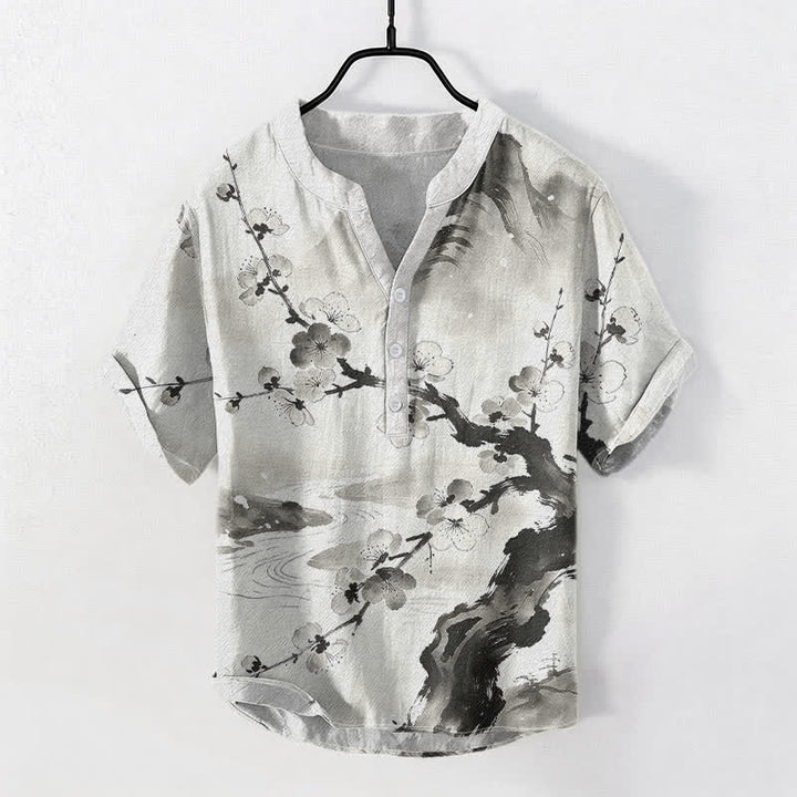 Buddha Stones Koszula męska z krótkim rękawem i półguzikiem w kolorze Cotton Ink Plum Blossom Pattern - Kość słoniowa - US/UK/AU50, EU60 (5XL) - image 0