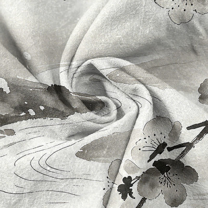Buddha Stones Koszula męska z krótkim rękawem i półguzikiem w kolorze Cotton Ink Plum Blossom Pattern - image 2