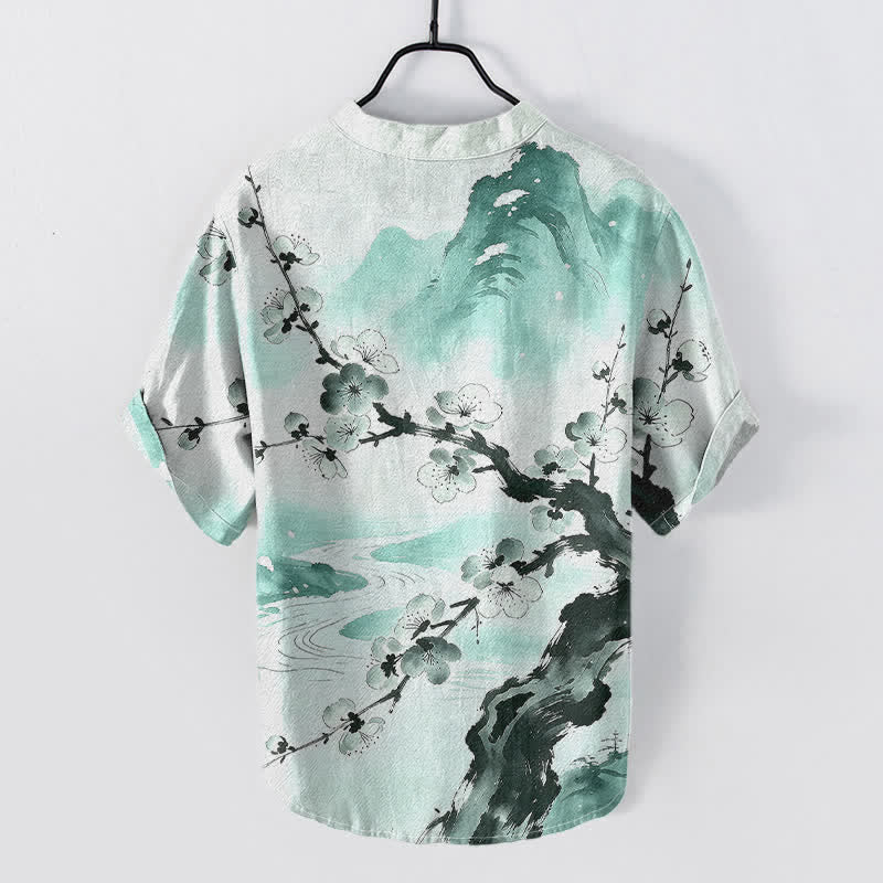 Buddha Stones Koszula męska z krótkim rękawem i półguzikiem w kolorze Cotton Ink Plum Blossom Pattern - Akwamaryn - US/UK/AU50, EU60 (5XL) - image 4