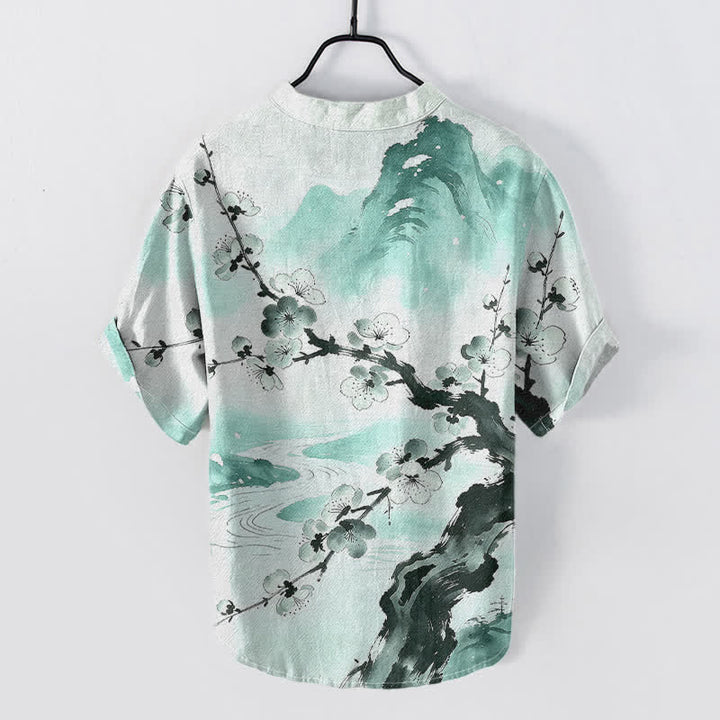 Buddha Stones Koszula męska z krótkim rękawem i półguzikiem w kolorze Cotton Ink Plum Blossom Pattern - Akwamaryn - US/UK/AU50, EU60 (5XL) - image 4