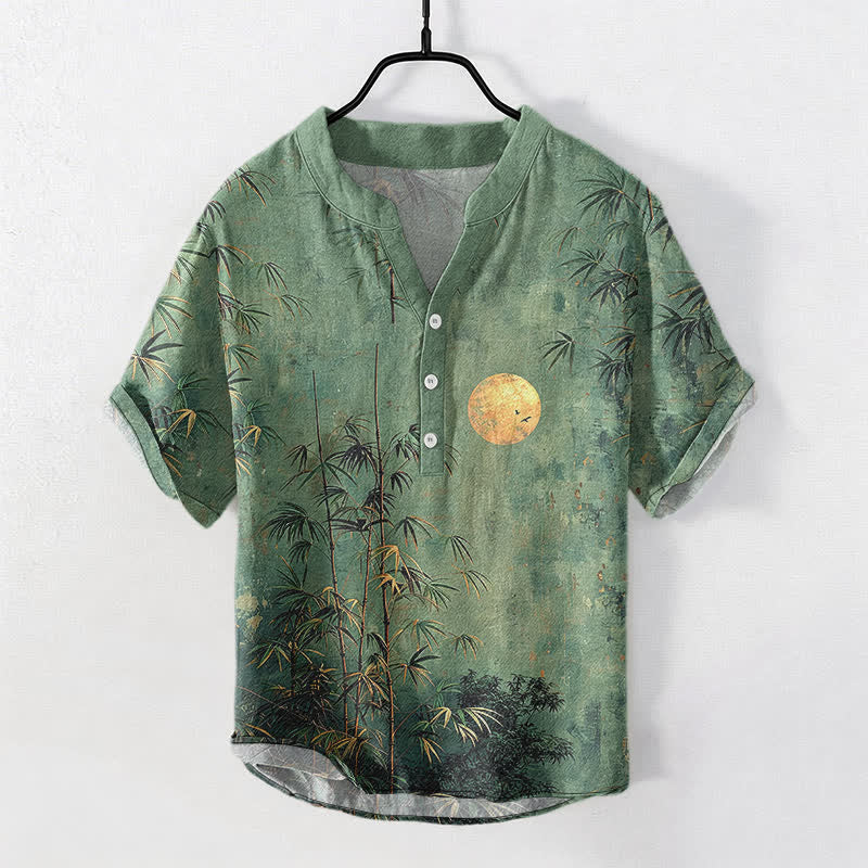Buddha Stones Koszula męska z krótkim rękawem i półguzikiem, z nadrukiem Cotton Ink Bamboo i wzorem złotego księżyca - SeaGreen - US/UK/AU50, EU60 (5XL) - image 0