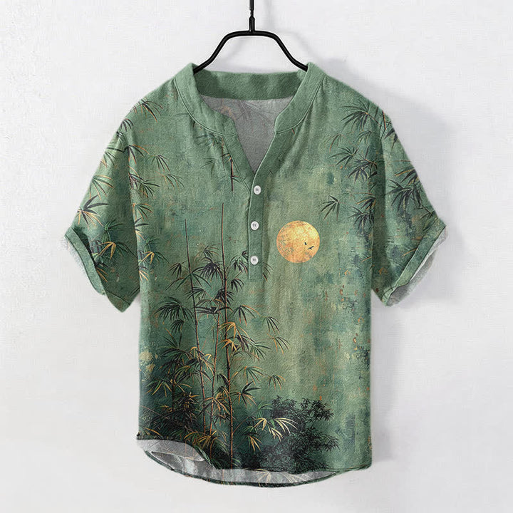 Buddha Stones Koszula męska z krótkim rękawem i półguzikiem, z nadrukiem Cotton Ink Bamboo i wzorem złotego księżyca - SeaGreen - US/UK/AU50, EU60 (5XL) - image 0