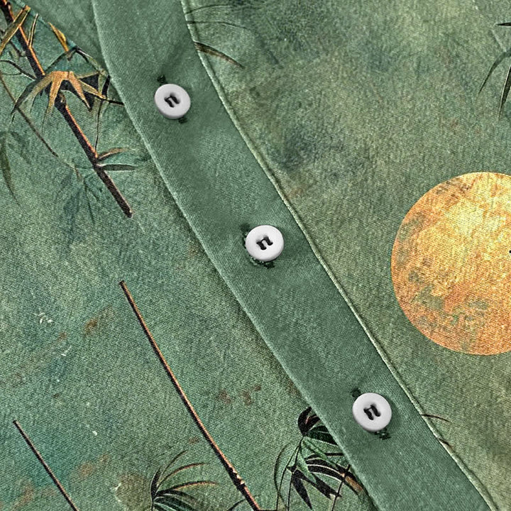 Buddha Stones Koszula męska z krótkim rękawem i półguzikiem, z nadrukiem Cotton Ink Bamboo i wzorem złotego księżyca - image 3
