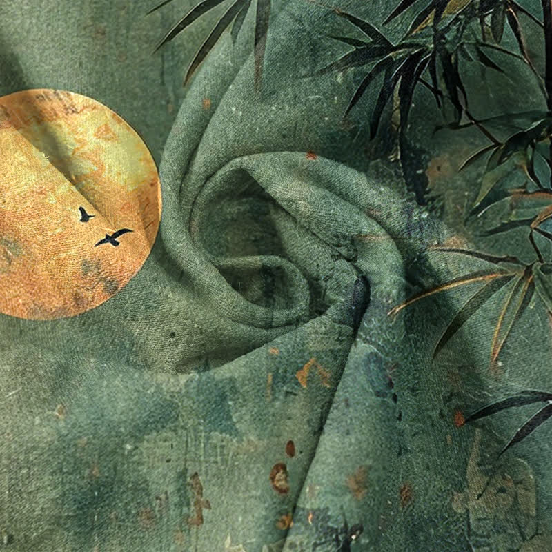 Buddha Stones Koszula męska z krótkim rękawem i półguzikiem, z nadrukiem Cotton Ink Bamboo i wzorem złotego księżyca - image 4