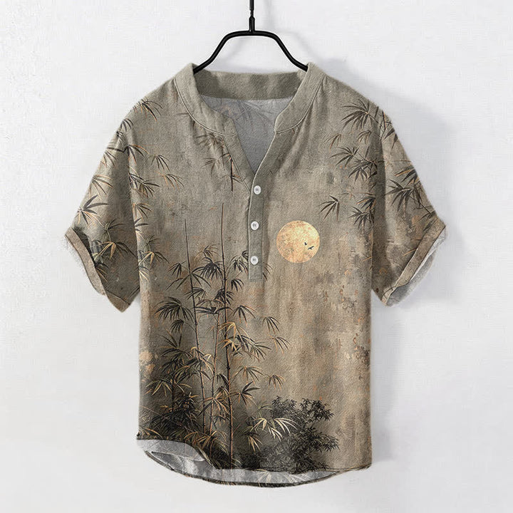 Buddha Stones Koszula męska z krótkim rękawem i półguzikiem, z nadrukiem Cotton Ink Bamboo i wzorem złotego księżyca - Ciemnoszary - US/UK/AU50, EU60 (5XL) - image 5