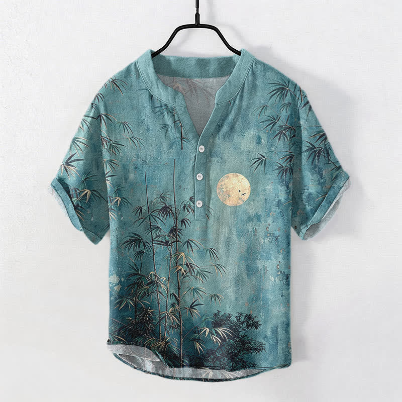 Buddha Stones Koszula męska z krótkim rękawem i półguzikiem, z nadrukiem Cotton Ink Bamboo i wzorem złotego księżyca - Cyraneczka - US/UK/AU50, EU60 (5XL) - image 7