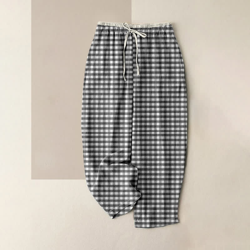 Buddha Stones Spodnie damskie bawełniane w klasyczny wzór kratki gingham z elastyczną talią i kieszeniami - Czarny - US16, UK/AU20, EU48 (3XL) - image 0