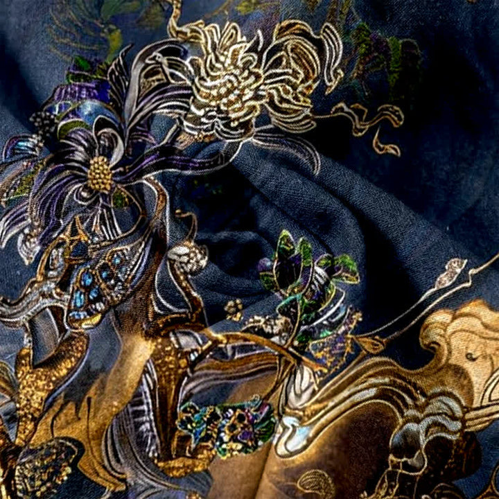 Buddha Stones Spodnie damskie z elastycznej talii z kieszeniami, z czystej bawełny, w orientalny wzór Golden Cloud - image 3