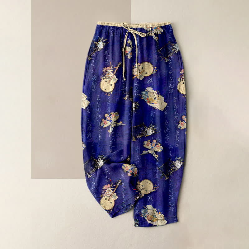 Buddha Stones Damskie spodnie z elastycznej talii z kieszeniami, z czystej bawełny, w drobne kwiatowe wzory - RoyalBlue - US16, UK/AU20, EU48 (3XL) - image 0